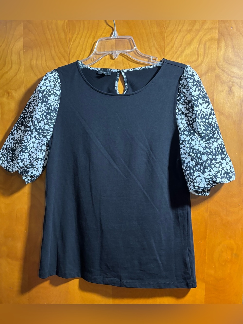 Talbots Black Top with White Floral Puff Sleeves, size small